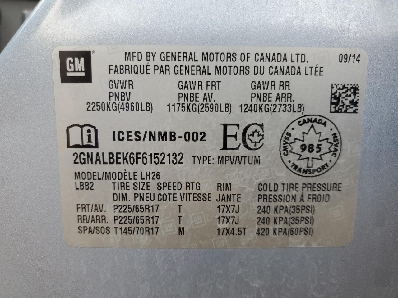 2015 Chevrolet Equinox Lt VIN: 2GNALBEK6F6152132 Lot: 82136725