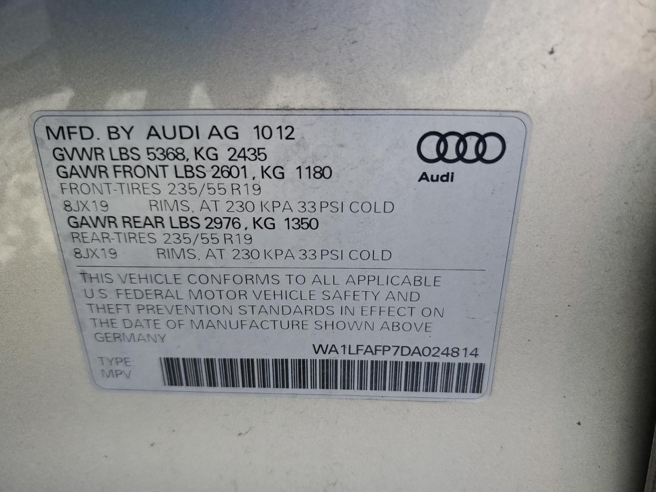 2013 Audi Q5 Premium Plus VIN: WA1LFAFP7DA024814 Lot: 72004725