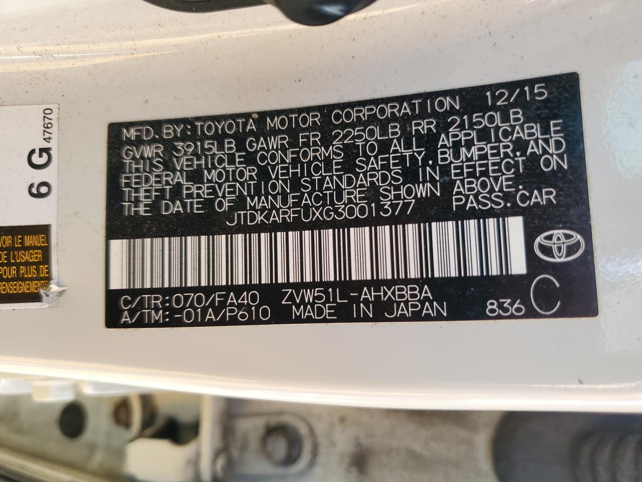 2016 Toyota Prius VIN: JTDKARFUXG3001377 Lot: 71483385