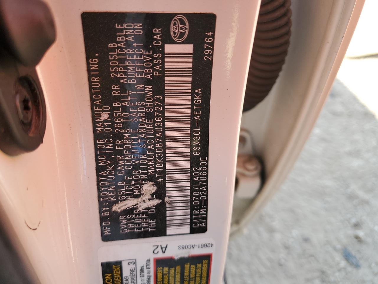 2010 Toyota Avalon Xl VIN: 4T1BK3DB7AU367273 Lot: 80571685