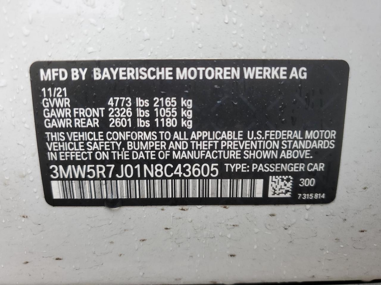 2022 BMW 330Xi VIN: 3MW5R7J01N8C43605 Lot: 83750295