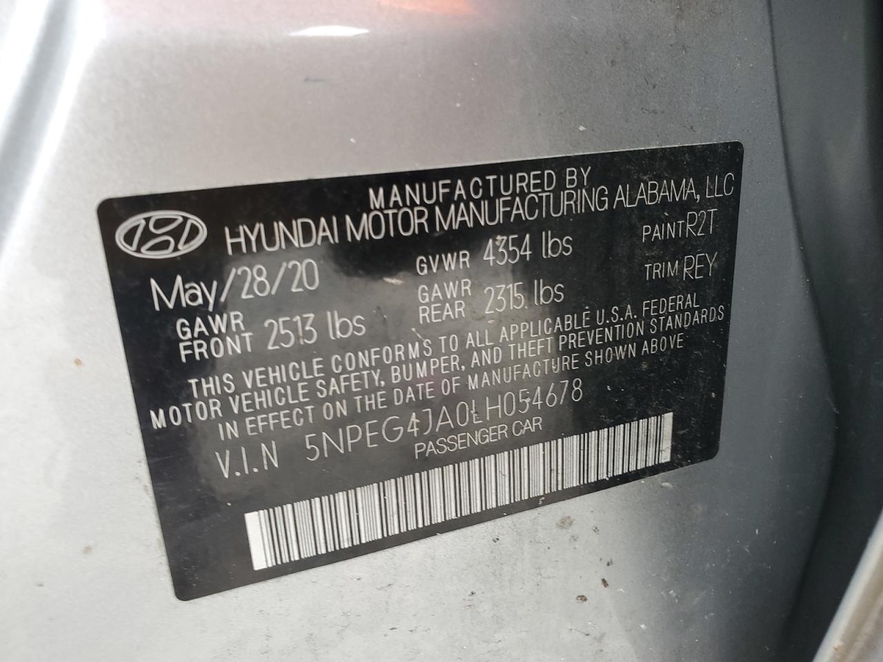 2020 Hyundai Sonata Se VIN: 5NPEG4JA0LH054678 Lot: 69119775