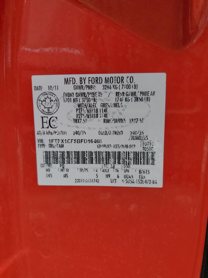 2011 Ford F150 Super Cab VIN: 1FTFX1EF5BFD16468 Lot: 81124245