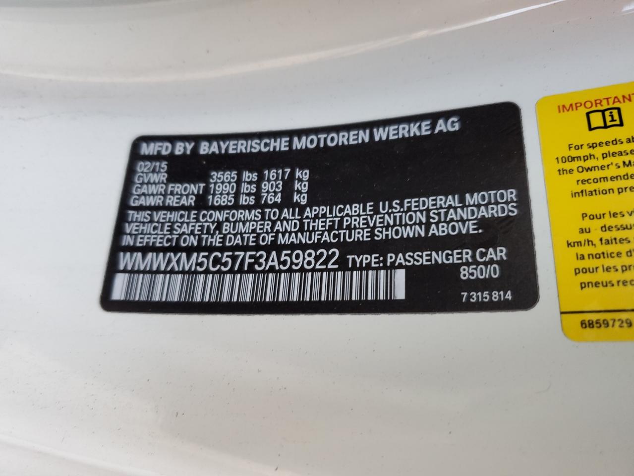 2015 Mini Cooper VIN: WMWXM5C57F3A59822 Lot: 81872625