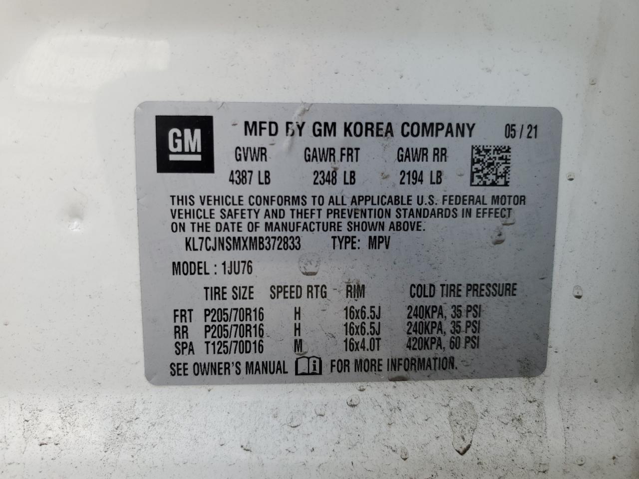 2021 Chevrolet Trax Ls VIN: KL7CJNSMXMB372833 Lot: 70978925