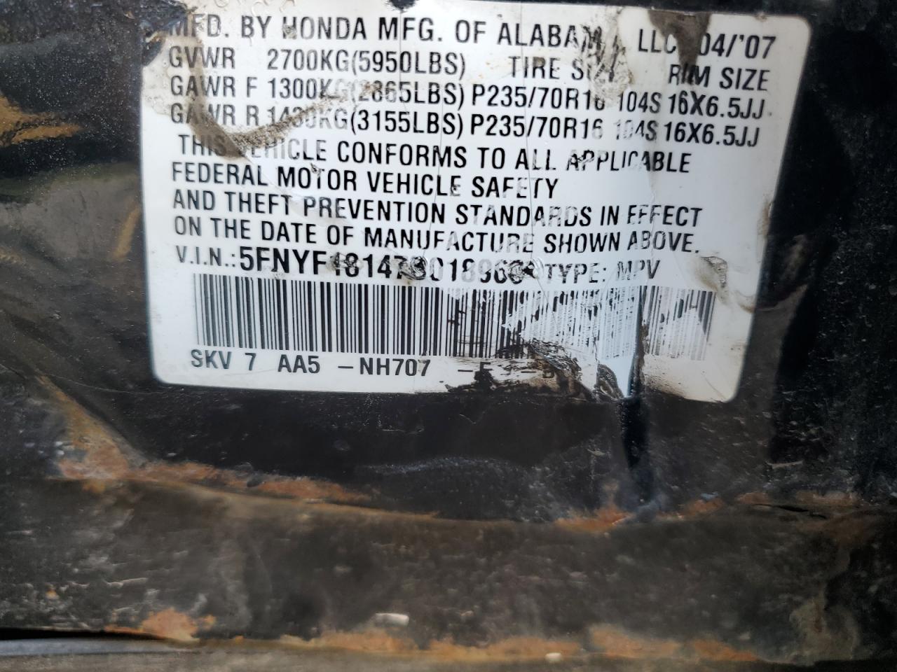 2007 Honda Pilot Lx VIN: 5FNYF18147B018968 Lot: 70941875