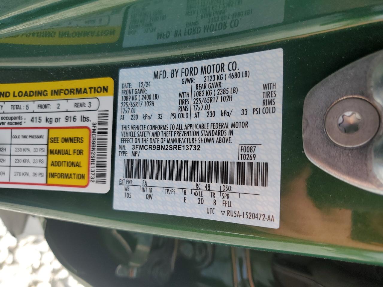 2025 Ford Bronco Sport Big Bend VIN: 3FMCR9BN2SRE13732 Lot: 72012475