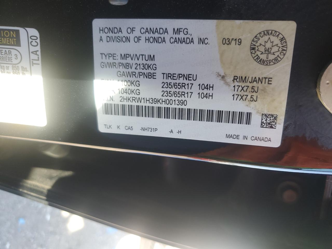 2019 Honda Cr-V Lx VIN: 2HKRW1H39KH001390 Lot: 71717845
