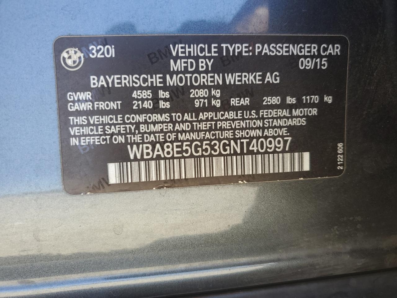 2016 BMW 320 Xi VIN: WBA8E5G53GNT40997 Lot: 80699005