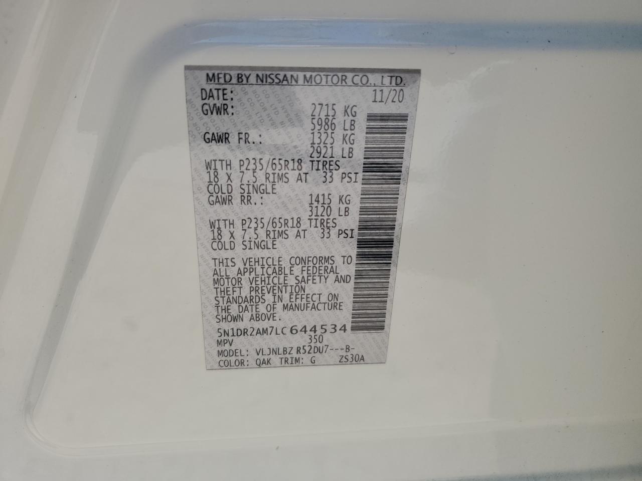 2020 Nissan Pathfinder S VIN: 5N1DR2AM7LC644534 Lot: 80061475