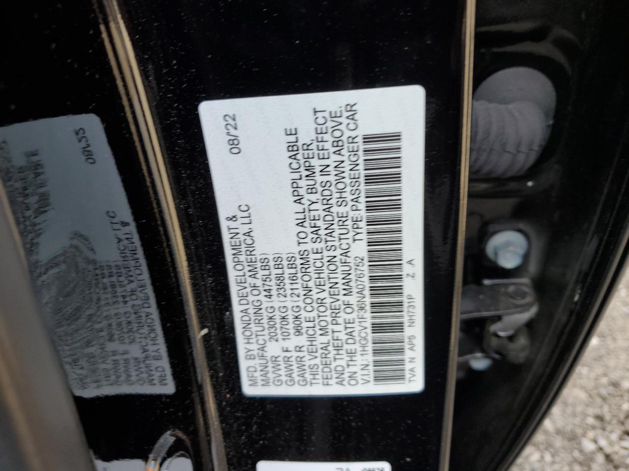 2022 Honda Accord Sport VIN: 1HGCV1F36NA076752 Lot: 81036215