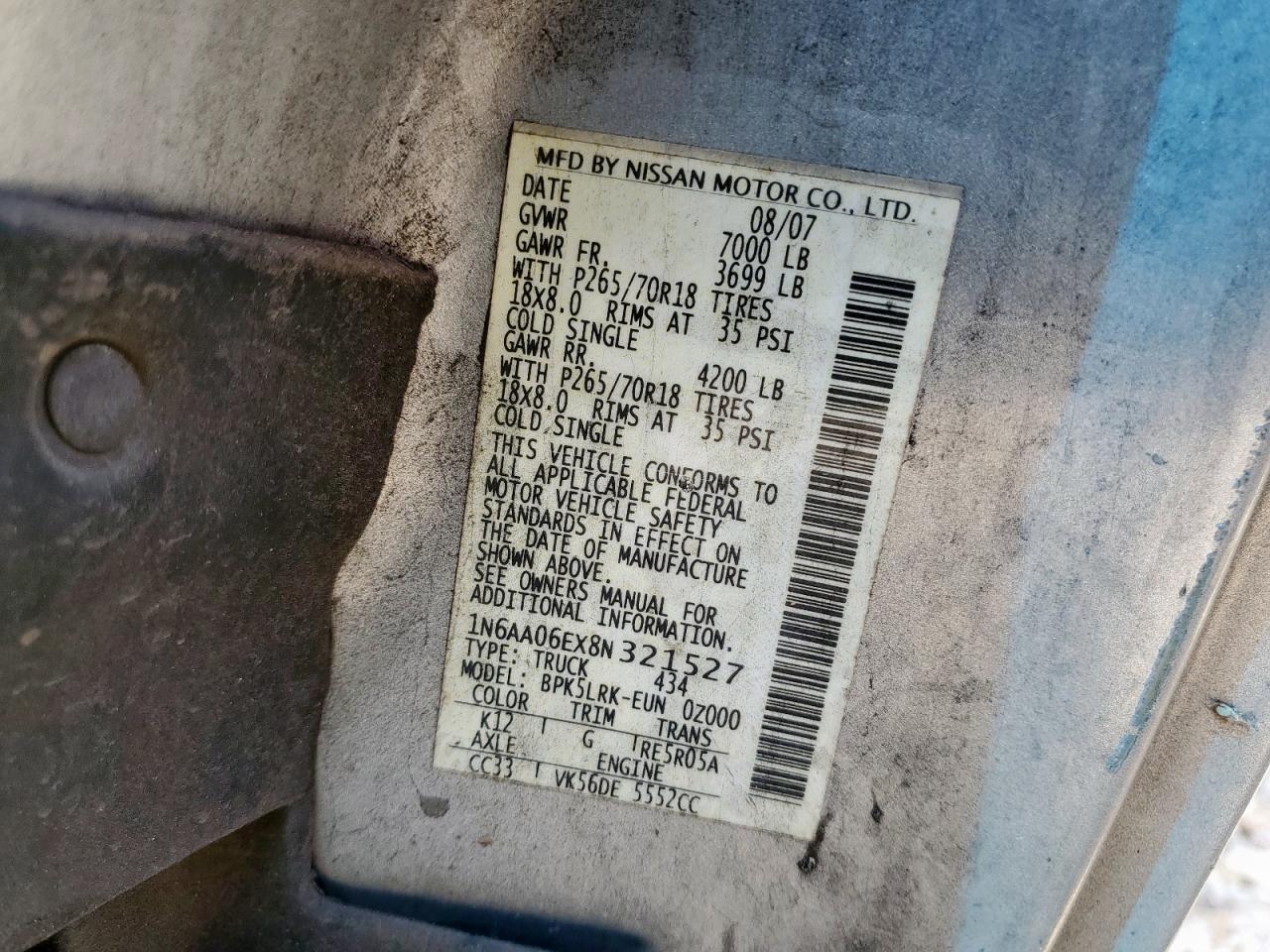 2008 Nissan Titan Xe VIN: 1N6AA06EX8N321527 Lot: 80195045