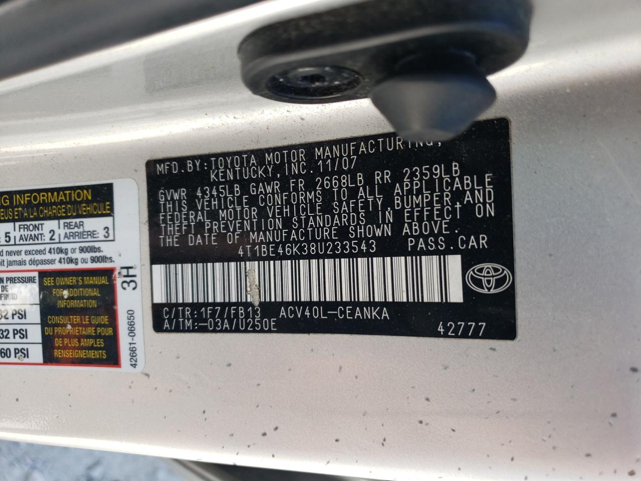 2008 Toyota Camry Ce VIN: 4T1BE46K38U233543 Lot: 71078275