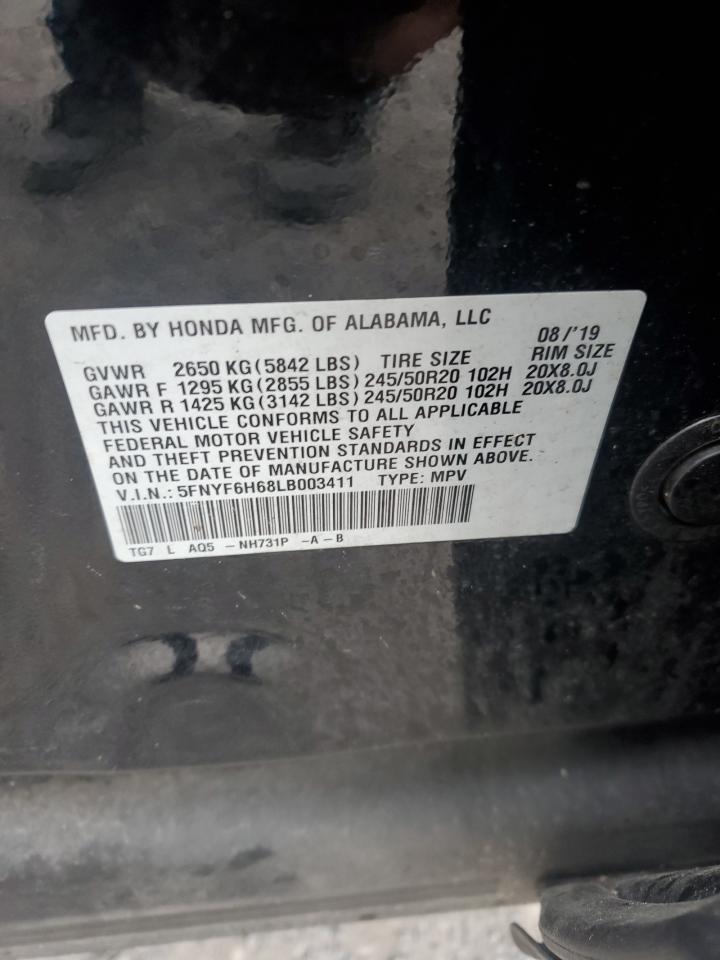 2020 Honda Pilot Touring VIN: 5FNYF6H68LB003411 Lot: 84607345