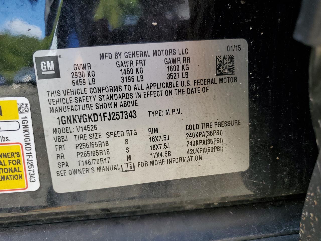 2015 Chevrolet Traverse Lt VIN: 1GNKVGKD1FJ257343 Lot: 82025685