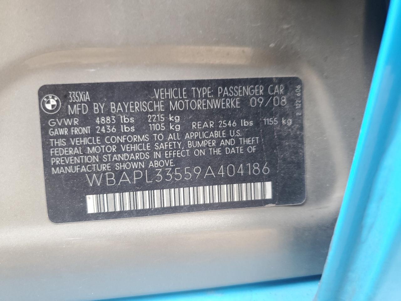 2009 BMW 335 Xi VIN: WBAPL33559A404186 Lot: 71786875