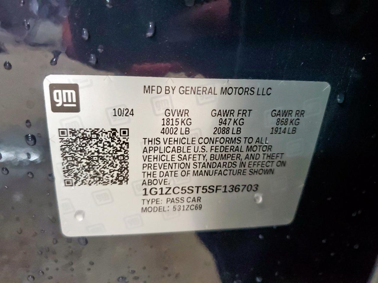 2025 Chevrolet Malibu Ls VIN: 1G1ZC5ST5SF136703 Lot: 83860005