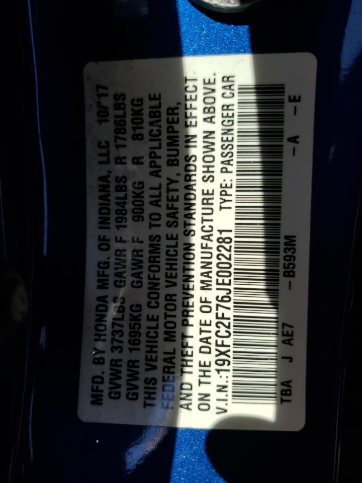 2018 Honda Civic Ex VIN: 19XFC2F76JE002281 Lot: 80779055