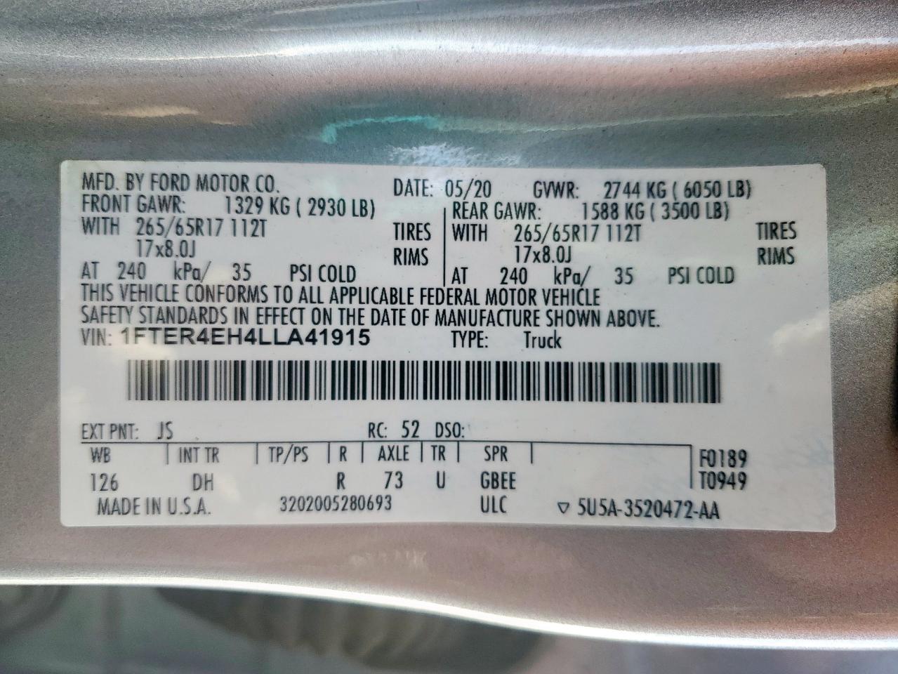 2020 Ford Ranger Xl VIN: 1FTER4EH4LLA41915 Lot: 84203525