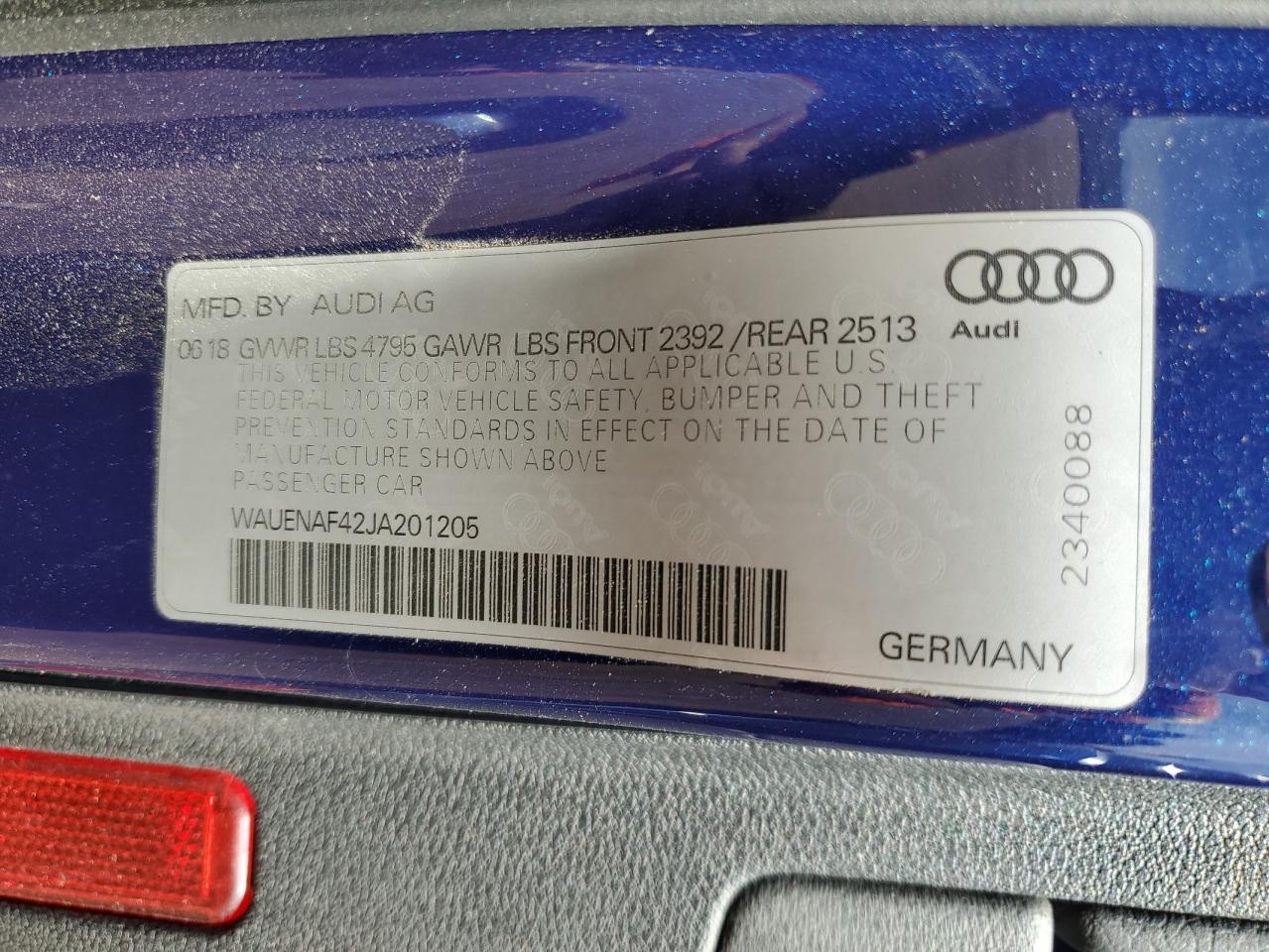 2018 Audi A4 Premium Plus VIN: WAUENAF42JA201205 Lot: 82127215