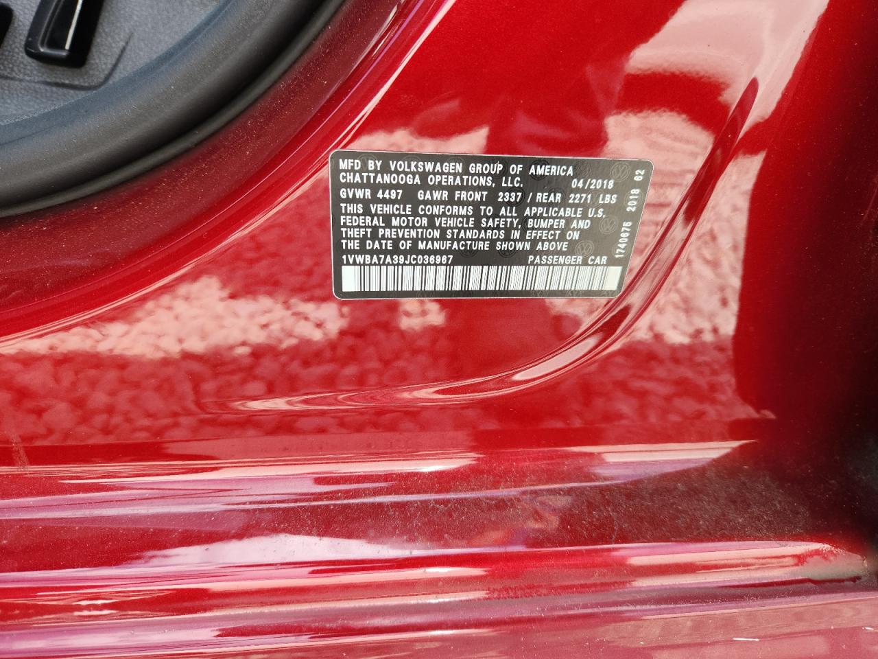 2018 Volkswagen Passat Se VIN: 1VWBA7A39JC036967 Lot: 71161935