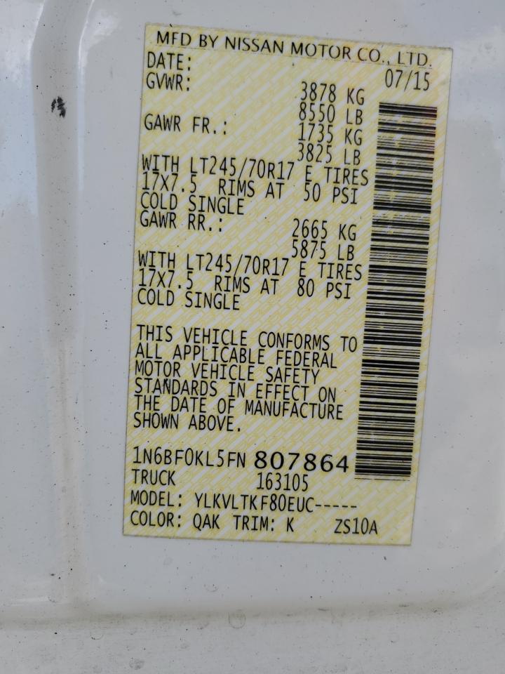 2015 Nissan Nv 1500 VIN: 1N6BF0KL5FN807864 Lot: 83838715