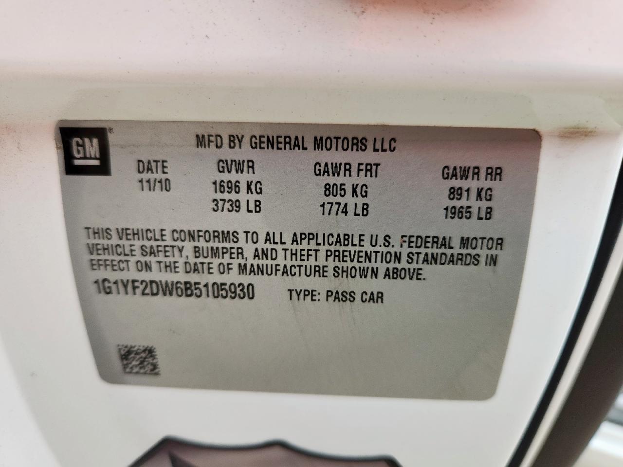 2011 Chevrolet Corvette VIN: 1G1YF2DW6B5105930 Lot: 72003875