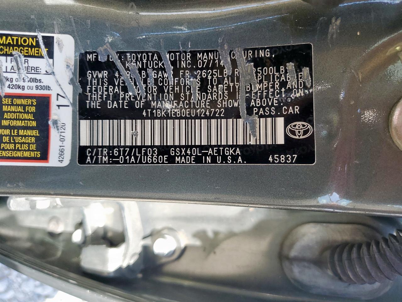 2014 Toyota Avalon Base VIN: 4T1BK1EB0EU124722 Lot: 84059625