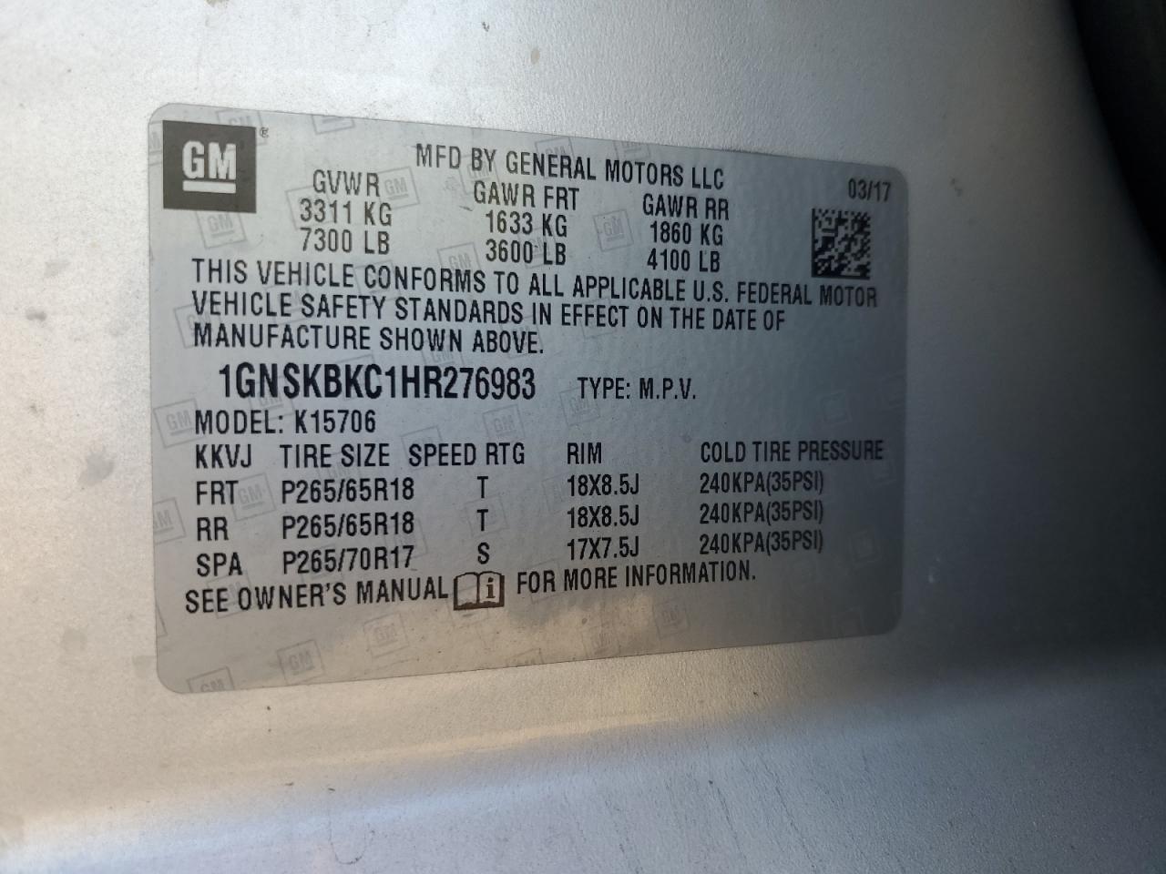 2017 Chevrolet Tahoe K1500 Lt VIN: 1GNSKBKC1HR276983 Lot: 72029835