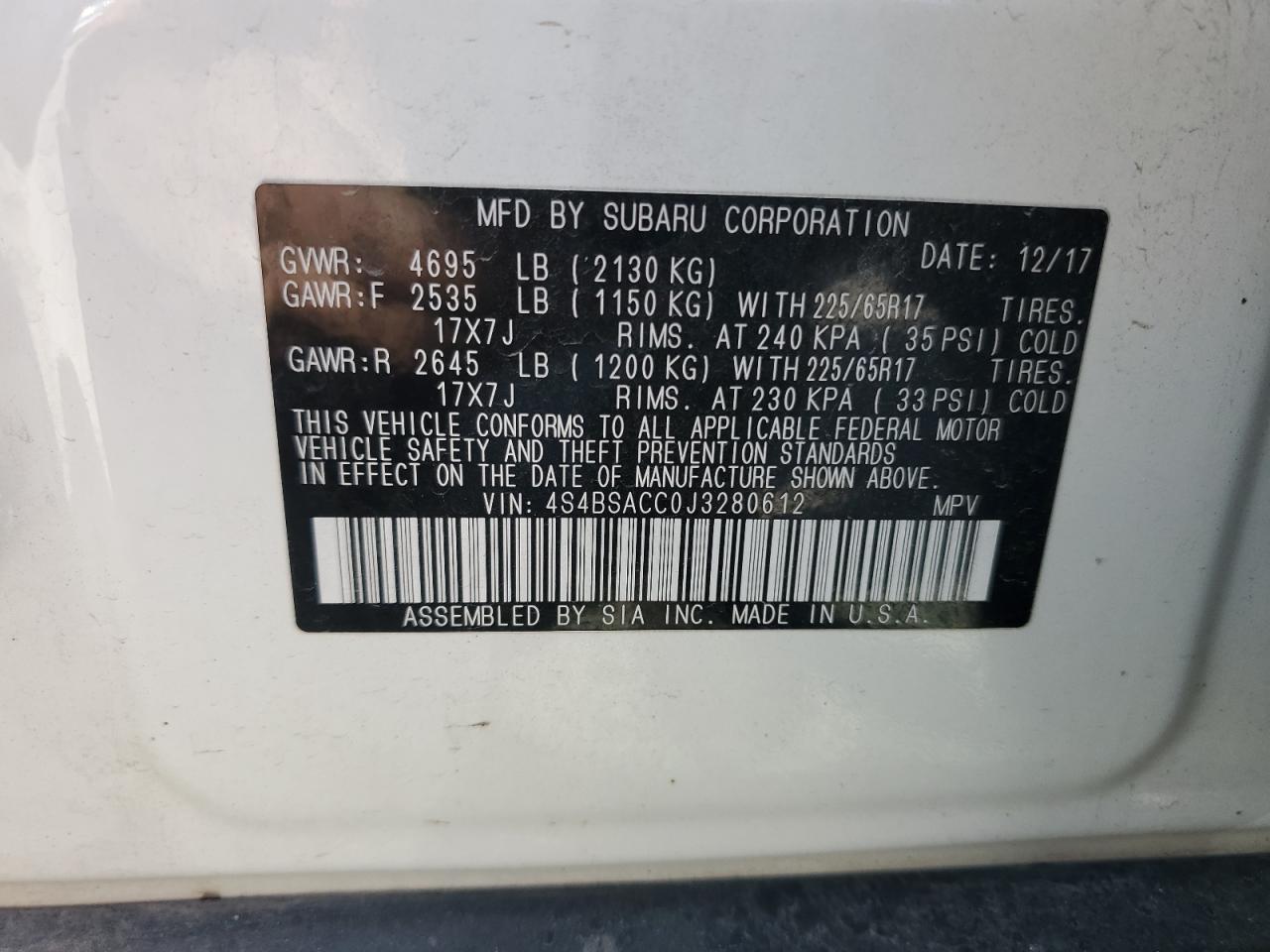 2018 Subaru Outback 2.5I Premium VIN: 4S4BSACC0J3280612 Lot: 80829945