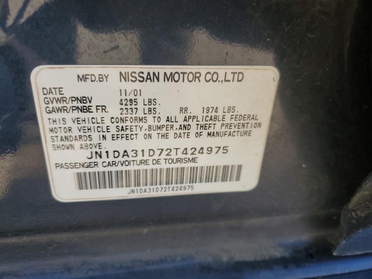 2002 Nissan Maxima Gle VIN: JN1DA31D72T424975 Lot: 71999165