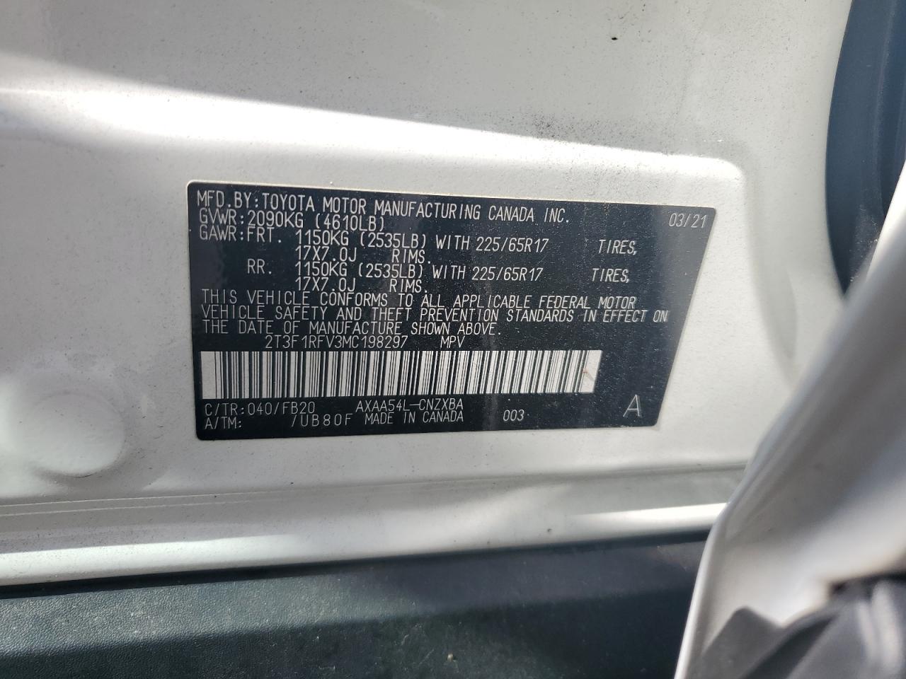 2021 Toyota Rav4 Le VIN: 2T3F1RFV3MC198297 Lot: 81164475