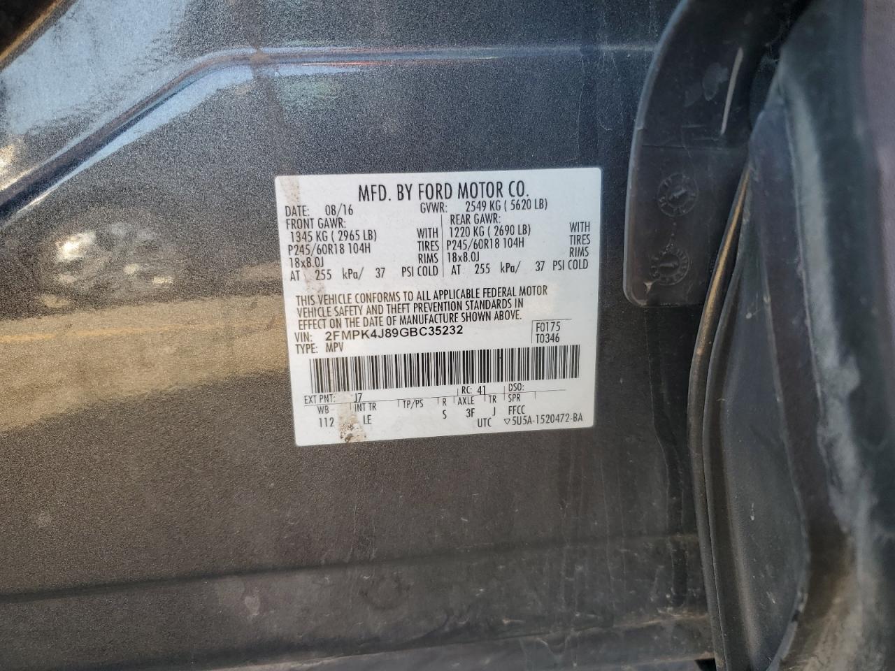 2016 Ford Edge Sel VIN: 2FMPK4J89GBC35232 Lot: 82166615