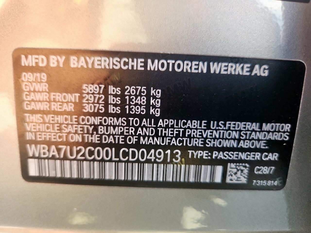 2020 BMW 750 Xi VIN: WBA7U2C00LCD04913 Lot: 81731215