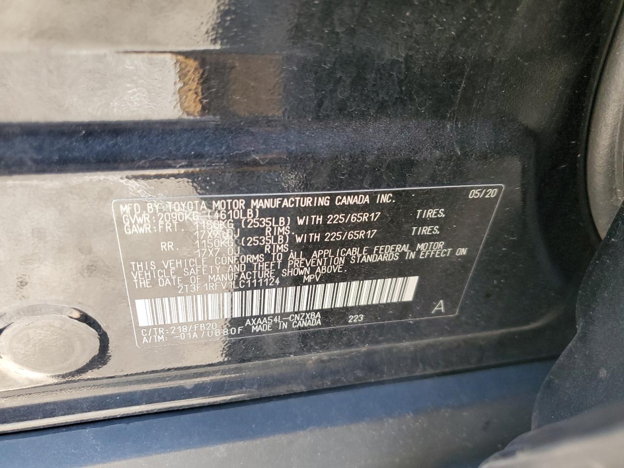 2020 Toyota Rav4 Le VIN: 2T3F1RFV1LC111124 Lot: 71100855