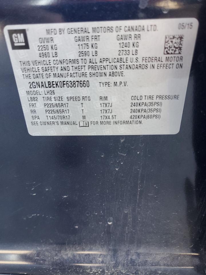 2015 Chevrolet Equinox Lt VIN: 2GNALBEK0F6387660 Lot: 82085885