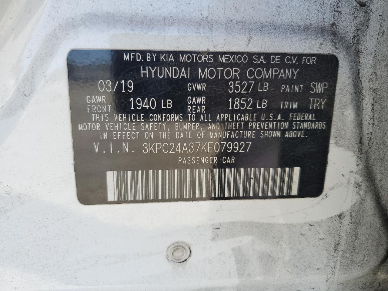 2019 Hyundai Accent Se VIN: 3KPC24A37KE079927 Lot: 81298495