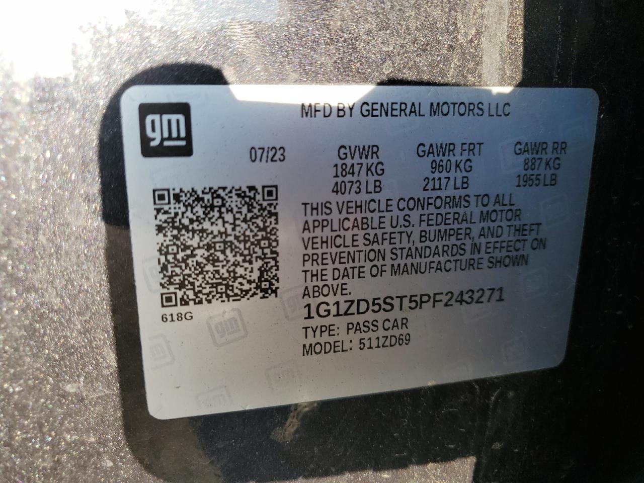 2023 Chevrolet Malibu Lt VIN: 1G1ZD5ST5PF243271 Lot: 83975365