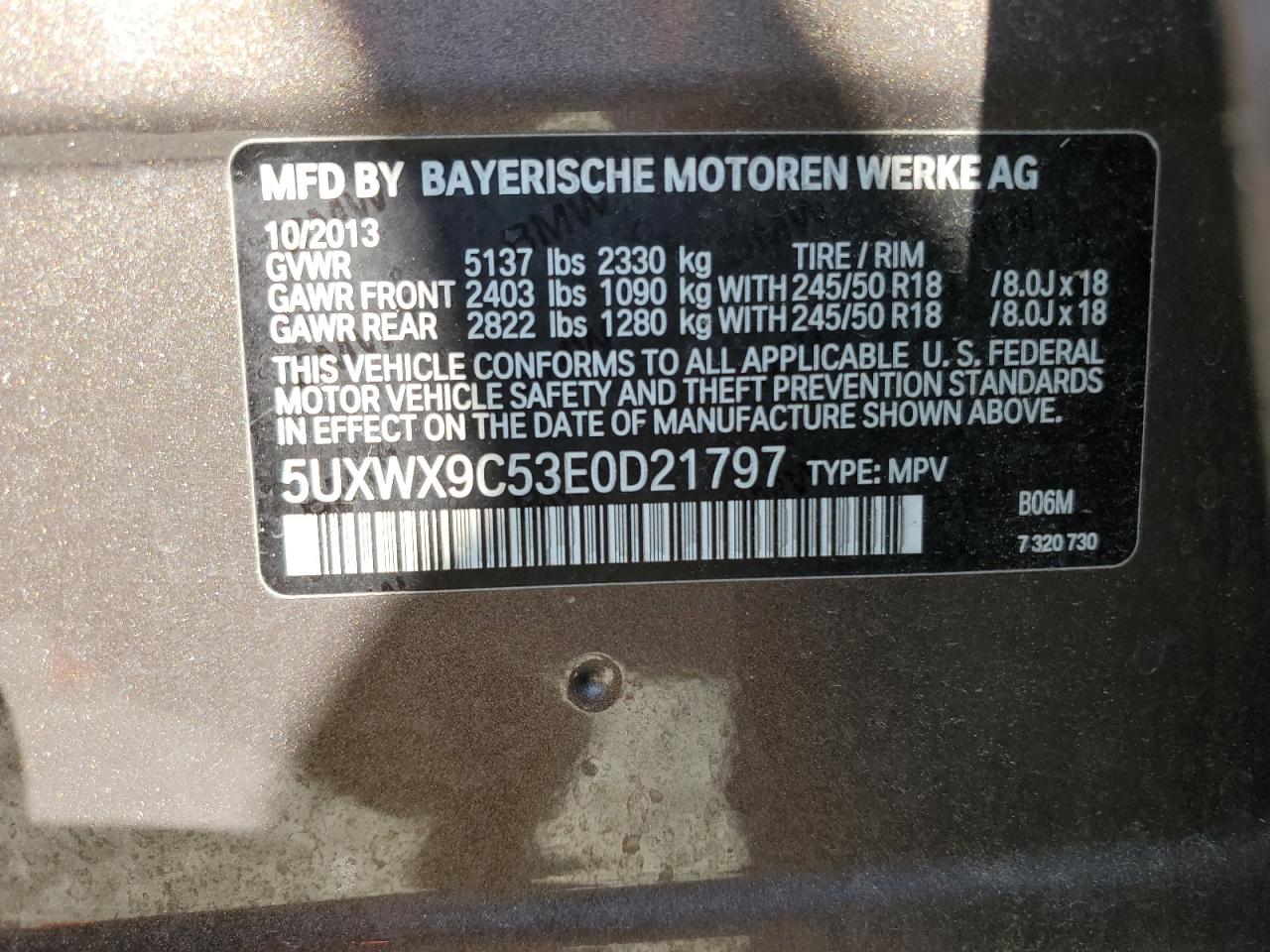 2014 BMW X3 xDrive28I VIN: 5UXWX9C53E0D21797 Lot: 80313555