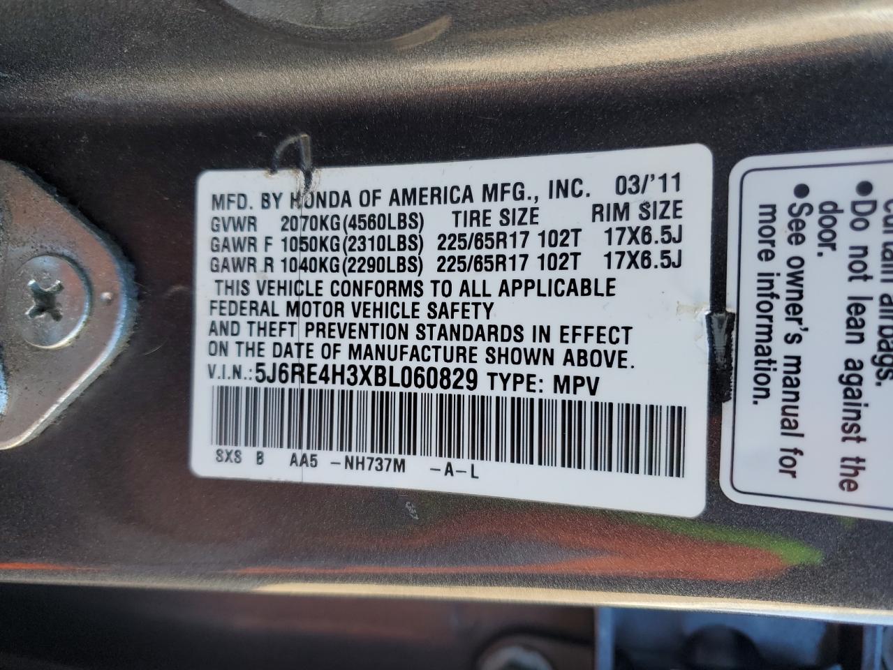 2011 Honda Cr-V Lx VIN: 5J6RE4H3XBL060829 Lot: 82071865