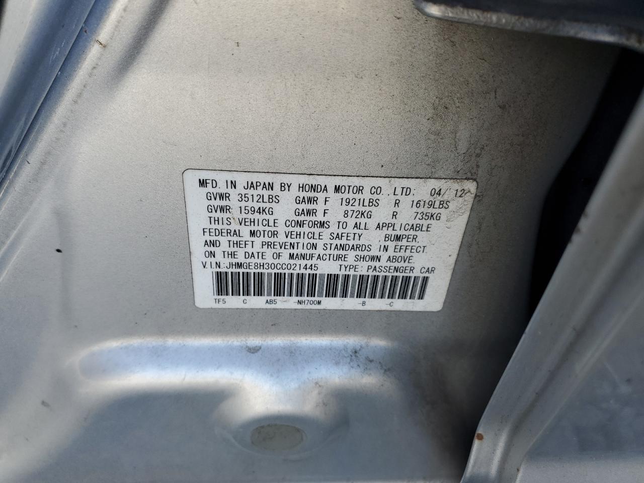 2012 Honda Fit VIN: JHMGE8H30CC021445 Lot: 71121705