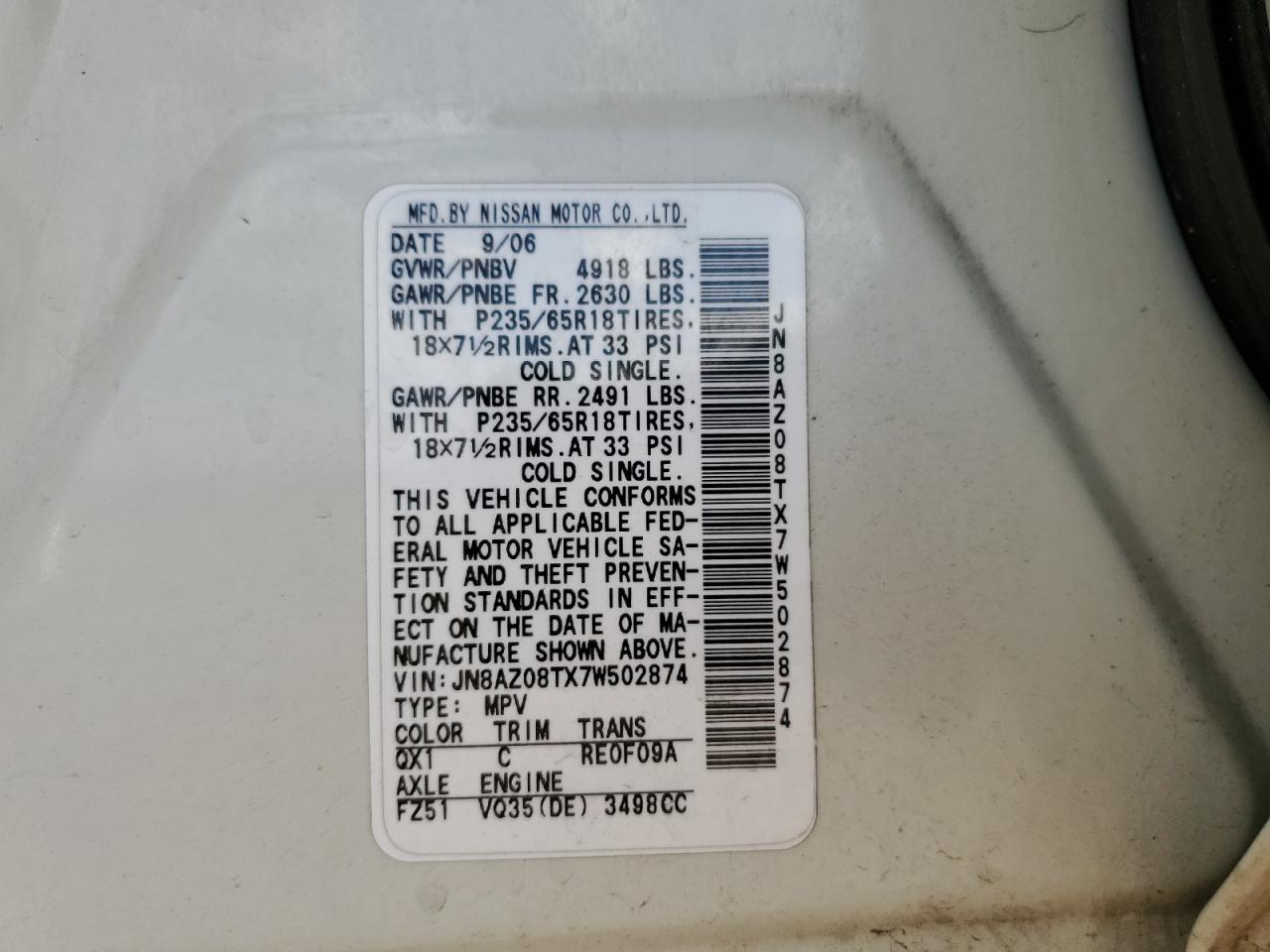 2007 Nissan Murano Sl VIN: JN8AZ08TX7W502874 Lot: 71521685