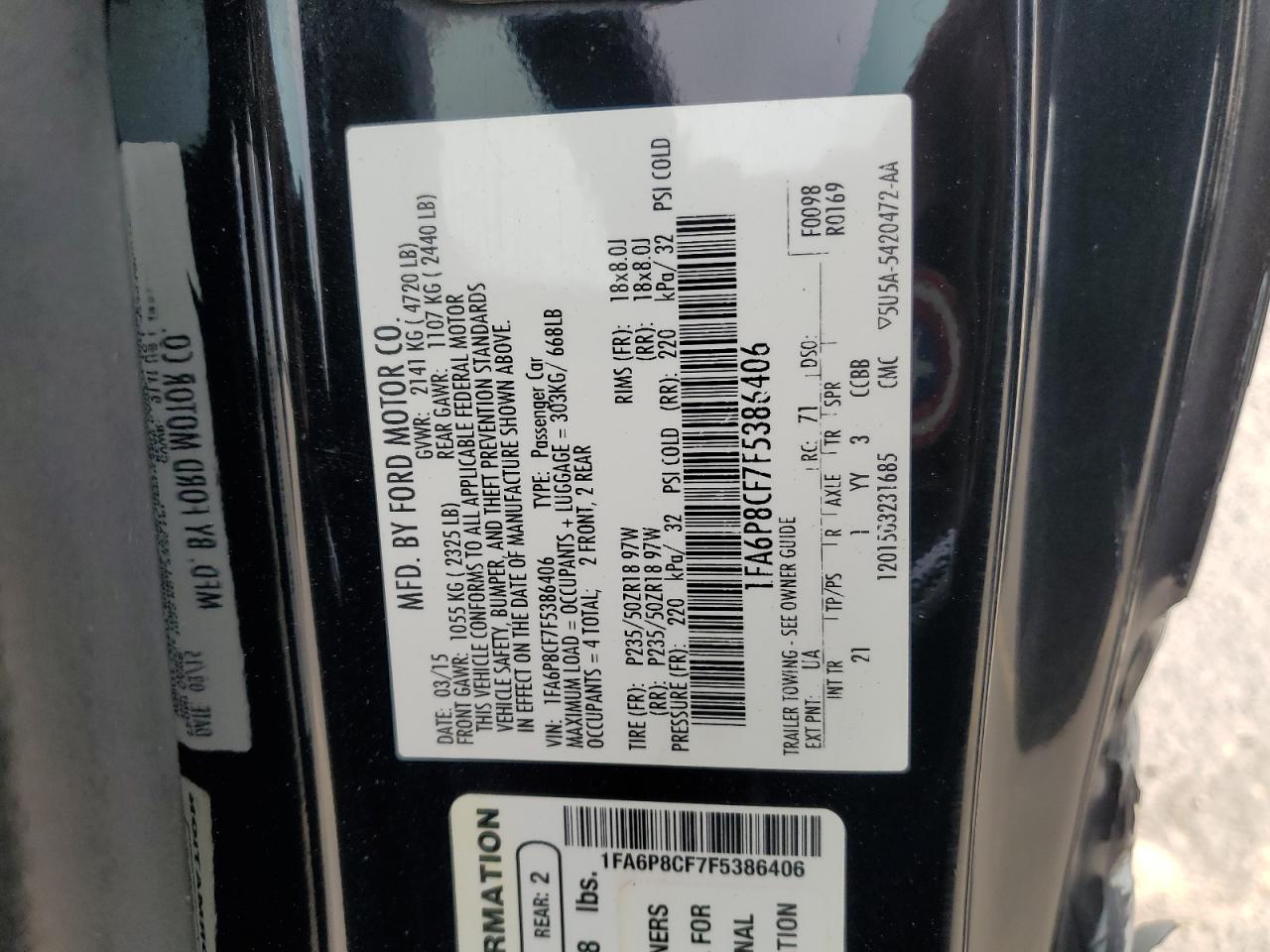 2015 Ford Mustang Gt VIN: 1FA6P8CF7F5386406 Lot: 81858425