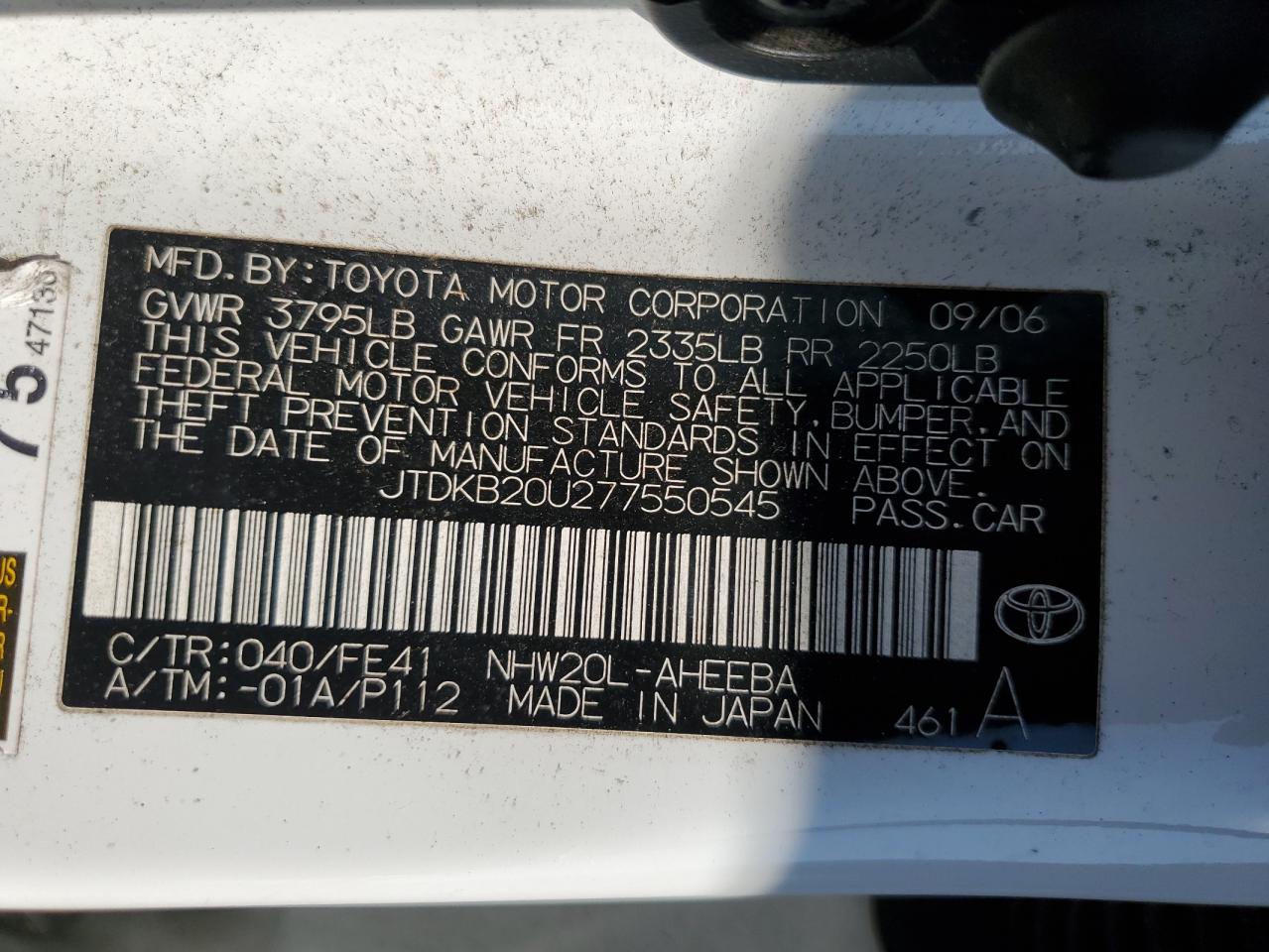 2007 Toyota Prius VIN: JTDKB20U277550545 Lot: 80542125