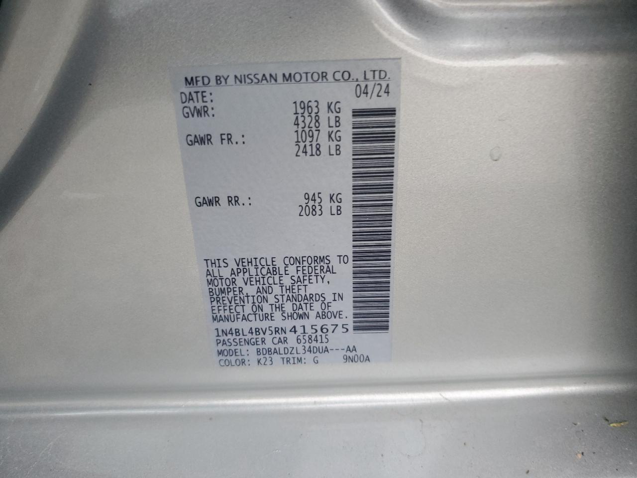 2024 Nissan Altima S VIN: 1N4BL4BV5RN415675 Lot: 80675555