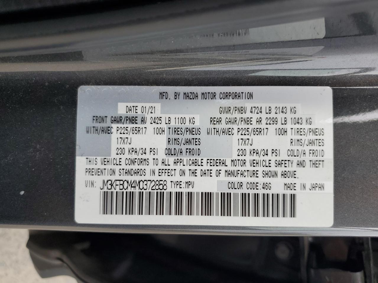 2021 Mazda Cx-5 Touring VIN: JM3KFBCM4M0372858 Lot: 80105945