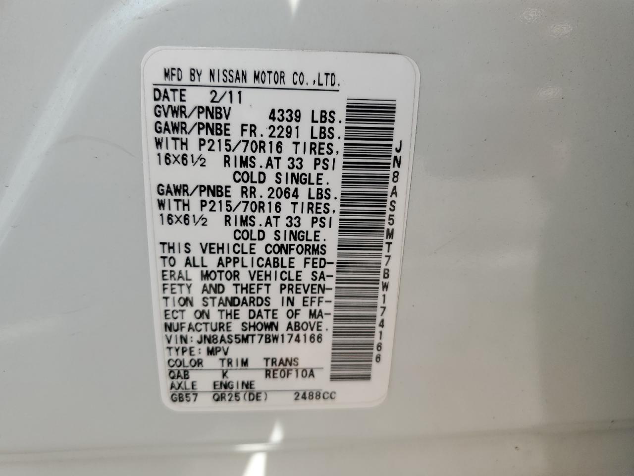 2011 Nissan Rogue S VIN: JN8AS5MT7BW174166 Lot: 68552765