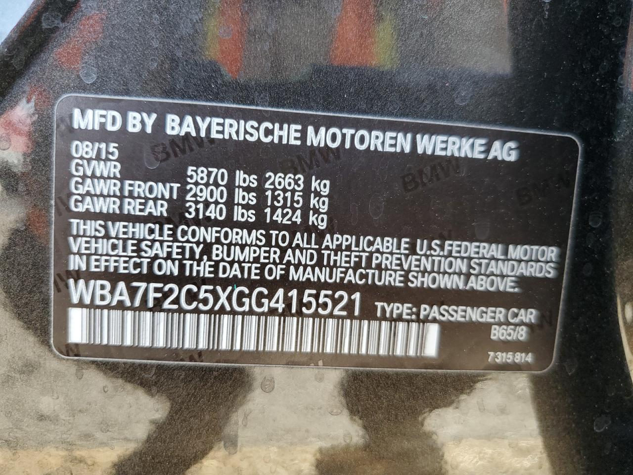 2016 BMW 750 Xi VIN: WBA7F2C5XGG415521 Lot: 80483505