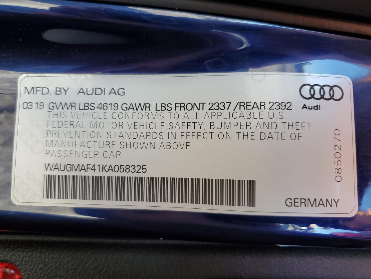 2019 Audi A4 Premium VIN: WAUGMAF41KA058325 Lot: 81957225