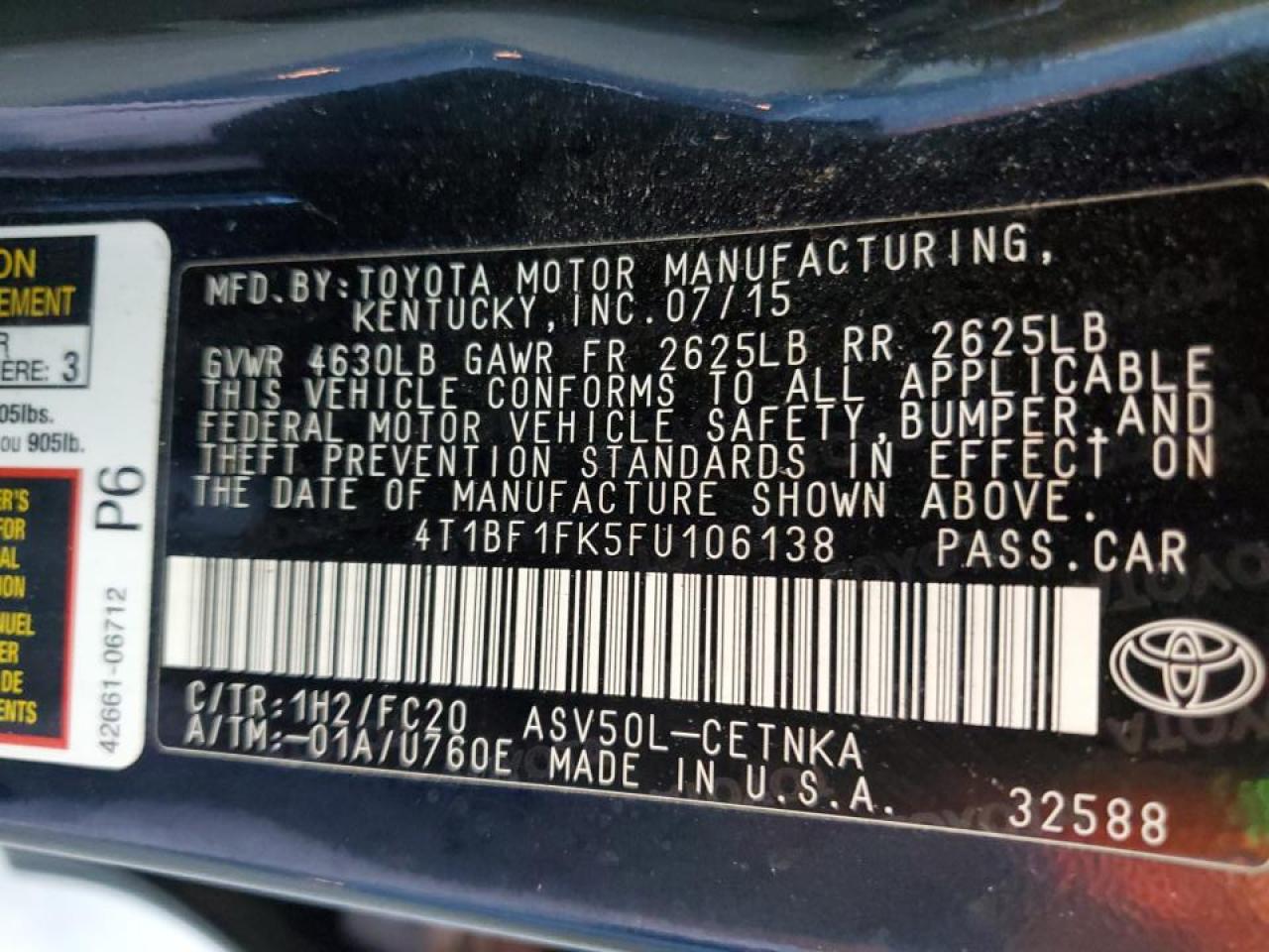 2015 Toyota Camry Le VIN: 4T1BF1FK5FU106138 Lot: 81733845